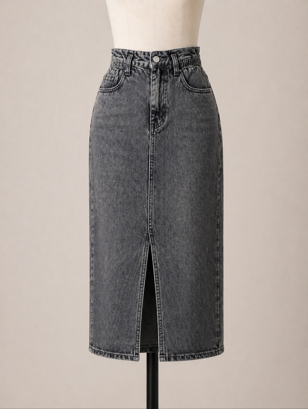 High-Waist Washed Black Denim Midi Skirt with Front Slit